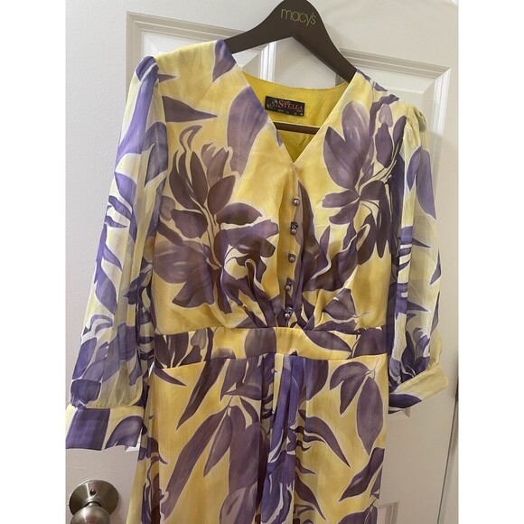 SVELTO STELLA  3/4 SLEEVE YELLOW PURPLE LEAVES PATTERN US SIZE 12 PEARLS - Picture 2 of 16